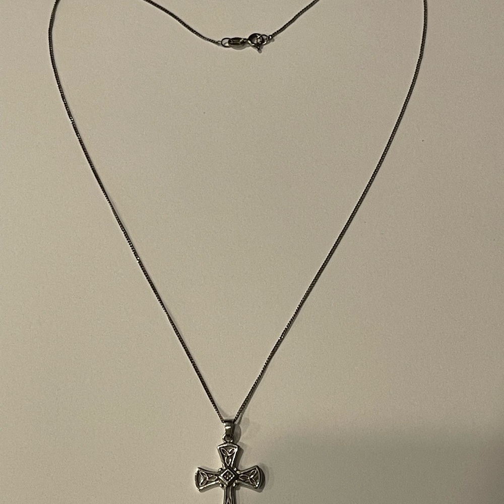 Vintage RJ Gaziano 925 Silver Cross Pendant Necklace with Diamond Chip Center